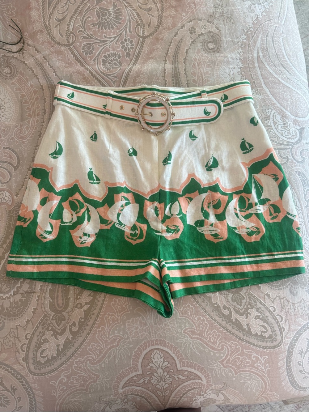Zimmermann size 3 Green & Cream Printed High-Waist Women’s Shorts with Belt NWT